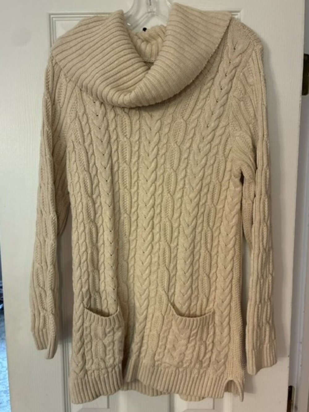 Women's Jeanne Pierre 100% Cotton Tan Cable Knit Fisherman Long Sweater Size L